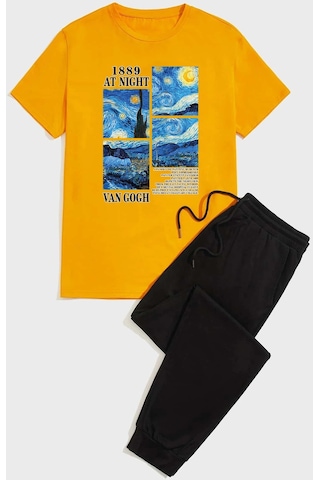 Unisex Van Gogh Baskılı Eşofman Takımı Turuncu Siyah