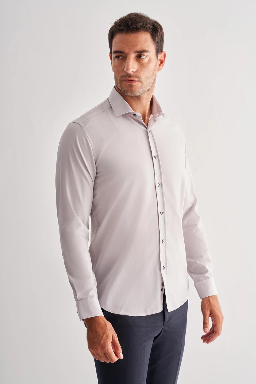 İmza Taş Rengi Yarım İtalyan Yaka Uzun Kol Easy To Iron Slim Fit Pamuklu Gömlek 1004255301 - Taş Rengi