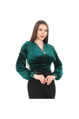 Lodmela Broş Detaylı Kadife Crop 6007-zümrüt Yeşili Zümrüt Yeşili