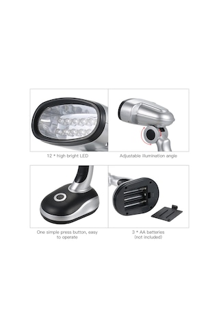 Yunboo 12 Led Işıklı Mini Masa Lambası - Aydınlatma Açısı Ayarlanabilir, 3xaa Pil İle Çalışır, Göz Koruyucu Işık Gri