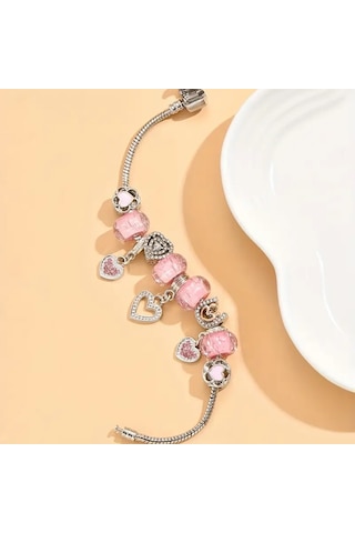 Worldshop Pembe Taşlı Kalp Charmlı Bileklik