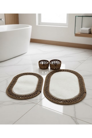 Senza Atelier Lüks 4 Lü Banyo & Antre Seti Krem Peluş Dokulu, Fırfırlı Jüt Halat Paspas Takımı Ve 2 Li Sepet Beyaz - Sarı