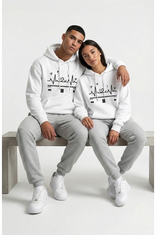 Nevermind Unisex Oversize Kalp Ritmi Baskılı Çift Hoodie Beyaz