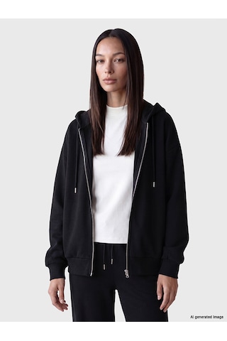 Lcw Everyday Siyah Kapüşonlu Oversize Kadın Fermuarlı Sweatshirt