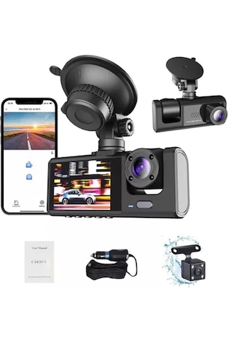 Araç Içi 1080p Full Hd Wifi Kamera Ön Arka Ve Iç Kayıt 3 Kamera Gece Görüşlü Geniş Açı