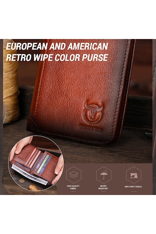 Hangfox Erkek Deri Cüzdan Rfıd Koruma Teknolojili Kahverengi Vintage Dikey Sürücü Ehliyeti Paralıksı Haki