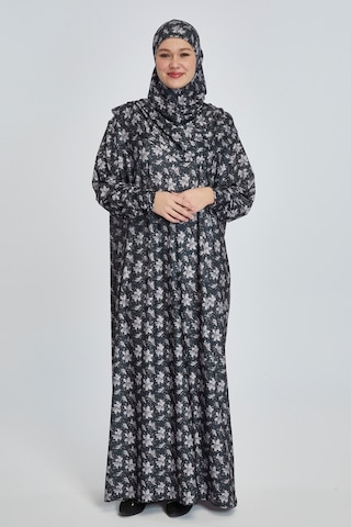 Pratik Tek Parça Manolya Desenli Namaz Elbisesi Koyu Siyah