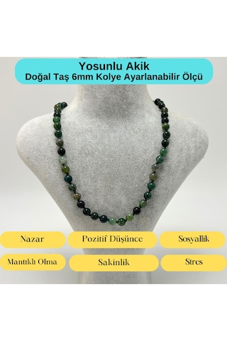 Yıldız Doğal Taş Yosunlu Akik Doğal Taş 6 MM Makrome Kolye 45 CM - 55 CM Ayarlanabilir Yeşil