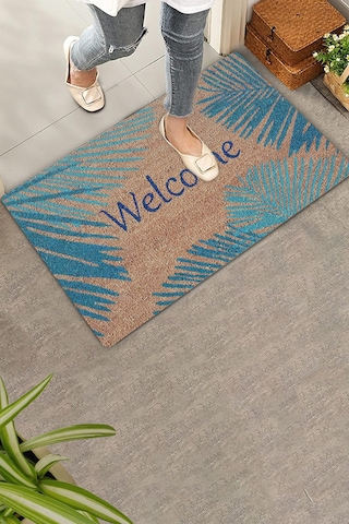 Valerine Life Mavi Palmiye Yapraklı Welcome Hoş Geldiniz Kapı Önü Paspası 45x70cm Mavi