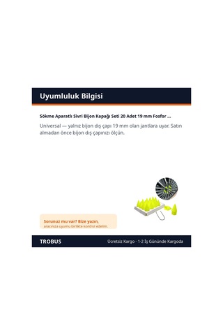 Trobus Sökme Aparatlı Sivri Bijon Kapağı Seti 20 Adet 19 Mm Fosfor Yeşil