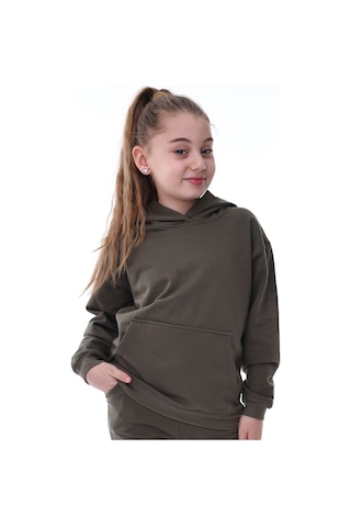 Basic Kapüşonlu Şardonlu Kanguru Cep Detaylı Çocuk Sweatshirt 3-10 Yaş Ekru Haki