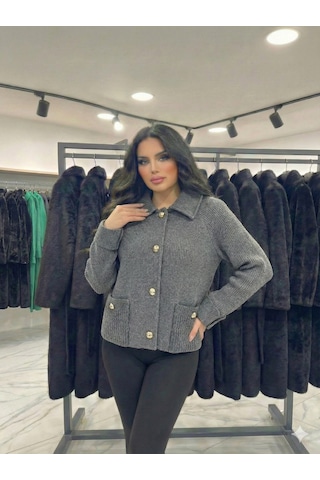 Ribana Classic Kadın Yaka Detaylı Astarlı Slim Fit Kısa Mont Füme