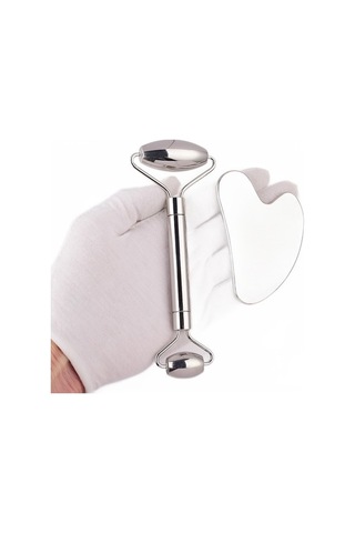 Paslanmaz Çelik Yüz Rulo Gua Sha Aracı Seti Yüz Bakımı Masaj Kristal Yeşim Rose Kuvars Sağlık Karşıtı Masaj Yüz Bakım Aracı Bdjjro Gümüş