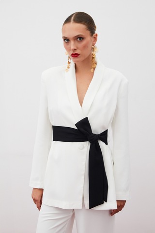 Sateen Beli Kuşaklı Uzun Ceket - Ekru