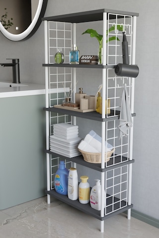 5 Katlı Çevir Kur Beyaz Metal Telli Banyo Rafı Çok Amaçlı Düzenleyici, Organizer Stand Banyo Dolabı Antrasit