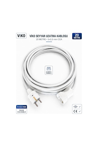 Viko Seyyar Uzatma Kablosu 20 Metre 3x2.5 Mm Cca Kablo Viko Erkek Dişi Fiş Klemensli Terminalli Topraklı Tse Ce Belgeli 20 M
