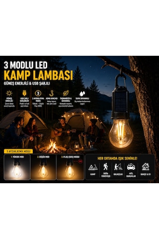 6 Adet Güneş Enerjili Usb Şarjlı 3 Modlu Led Asma Kancalı Taşınabilir Kamp Feneri Aydınlatma Lambası Çok Renkli