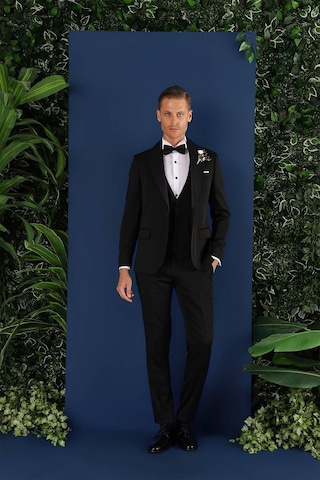 Efor Black 070 Slim Fit Yelekli Çıkarılabilir Saten Yaka Siyah Damatlık Smokin Takım Siyah