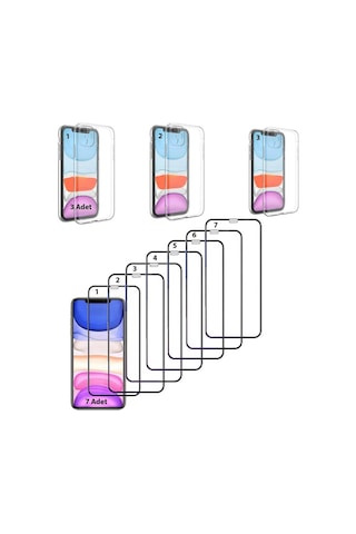 10 Adet Apple Uyumlu iPhone 11 Ekran Koruyucu + Şeffaf Kılıf Set 7 Koruyucu + 3 Kılıf