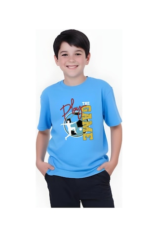 Panios Kids Play Game Baskılı Erkek Çocuk Kısa Kollu Yuvarlak Yaka T-shirt Mavi