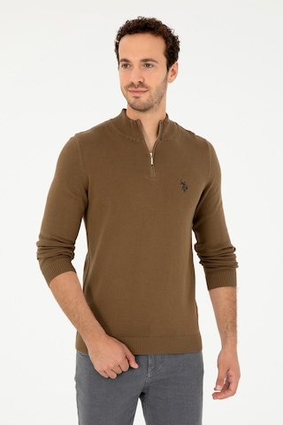 U.S. Polo Assn. Erkek Slim Fit Yarım Fermuarlı Haki Basic Kazak 50293517-VR027