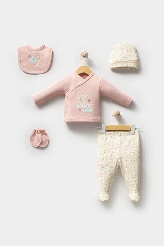 Bebitof %100 Pamuk Sevimli Ay Ve Bulutlar Desenli Bebek 5 Parça Yenidoğan Hastane Çıkışı Zıbın Seti Bbtf.pmb.2023 Pembe