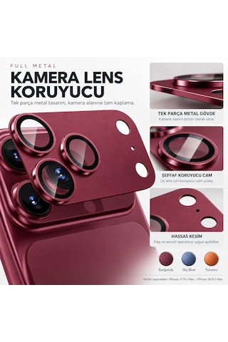 Premium Metal Lens Koruyucu İphone 17/18 Pro İle Uyumlu Bordo