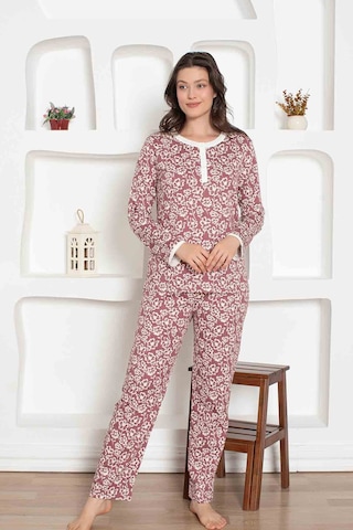 Kadın Çiçek Desen Bisiklet Yaka 3 Düğmeli %100 Pamuk Penye İnce Yazlık Uzun Kol Pijama Takımı MÜRDÜM