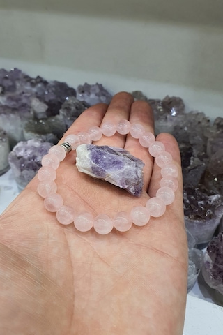 Pembe Kuvars Doğal Taş Bileklik 8 Mm Ametist Taş Hediyeli Yaşam Sevinçi, Pozitiflik Çok Renkli