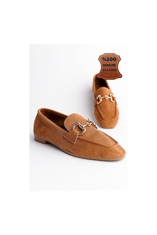 Muggo Mona Garantili Metal Tokalı Deri Kadın Loafer Günlük Ayakkabı Taba