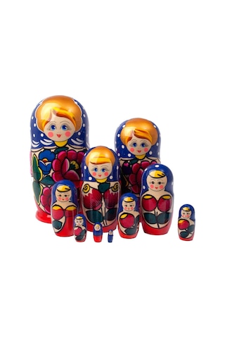 Onlu Ahşap Matruşka Bebek Seti Büyük 27cm Lüks Renkli 10 Parça L27