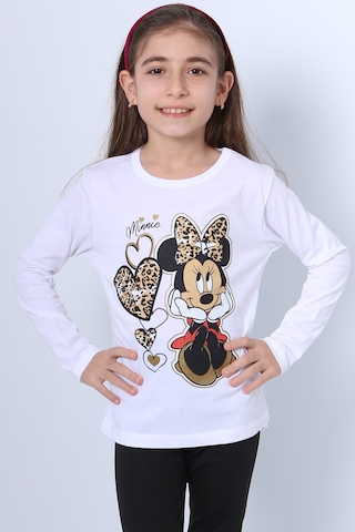 Hçm Kız Çocuk Uzun Kol Tshirt 4 Mevsim Baskılı Bisiklet Yaka D7 Krem