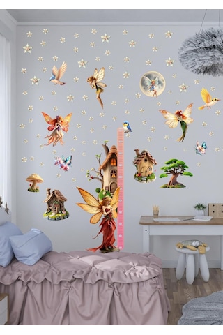 Peri Temalı Boy Ölçerli Duvar Sticker Seti - Çocuk Odası Duvar Dekoru, Mat Pvc, Sökülebilir, Boy Ölçer