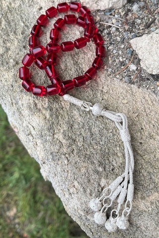 Gümüş Kazaziye Şahinbey Dört Püsküllü Kırmızı Ateş Kehribar Tesbih Kırmızı