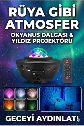 Durukar Galaksi Yıldız Projektörü Ve Bluetooth Hoparlör 10 Renk Modlu Okyanus Dalgalı Gece & Disko Lambası