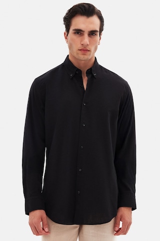 D'S Damat Ds Damat Comfort Siyah Düğmeli Yaka Rahat Kesim Keten Görünümlü %100 Pamuk Gömlek 2HC02ORT64265 Siyah