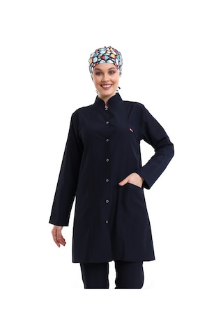 Lacivert Tesettür Full Çıtçıtlı Hakim Yaka Bahar Alpaka Scrubs Fo