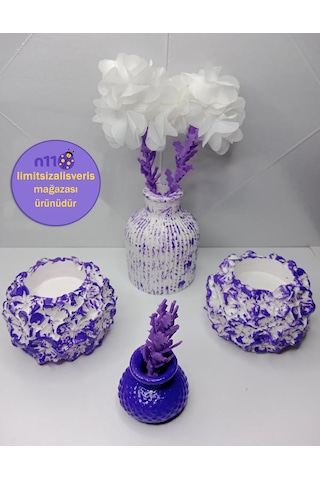 Mor Dekoratif Mumluk Obje Çiçekli Vazo Takımı Süsler Dahil Mor