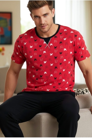 Siyah İnci Bisiklet Yaka Baskılı Örme Pijama Takım 25109837 Kırmızı