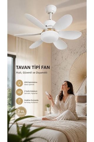 40w Uzaktan Kumandalı Tavan Vantilatörü Led Işıklı E27 Uyumlu Fan