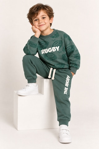 Ahengim Erkek Çocuk Rugby Topu Baskılı Pamuklu Sweatshirt Ve Pantolon Eşofman Takımı Ak119 Koyu Yeşil