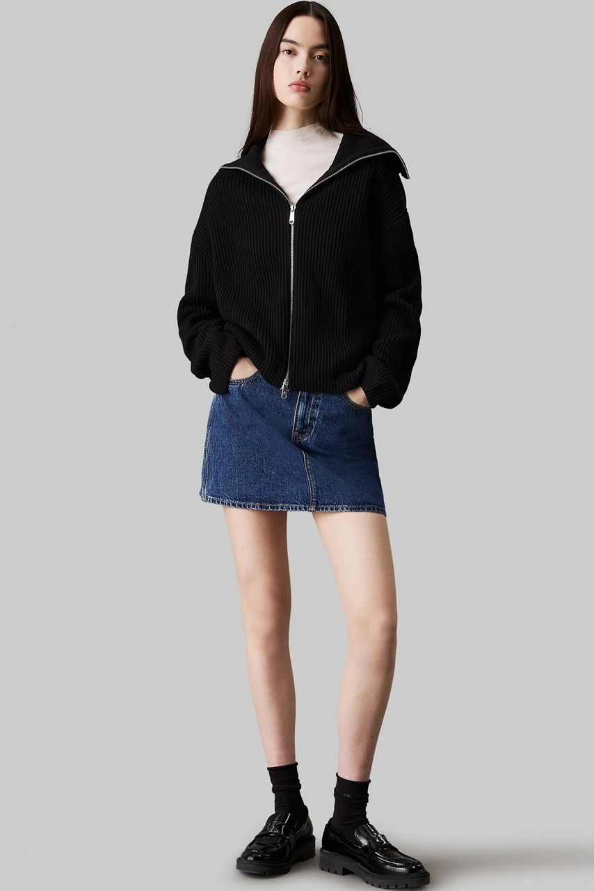 Calvin Klein Chunky Women's Cardigan Kadın Bol Kesim Fermuarlı Devrik Yaka Sweatshirt Siyah Siyah