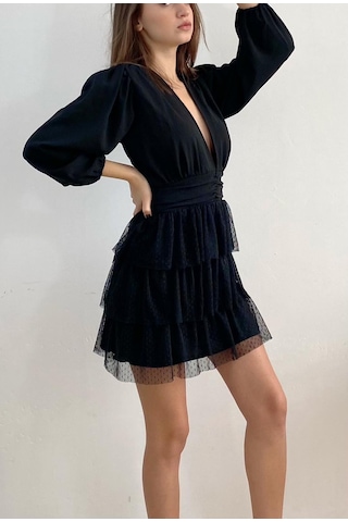 Mois Atelier Fırfırlı Siyah Büzgülü Mini Elbise Büyük Beden Siyah