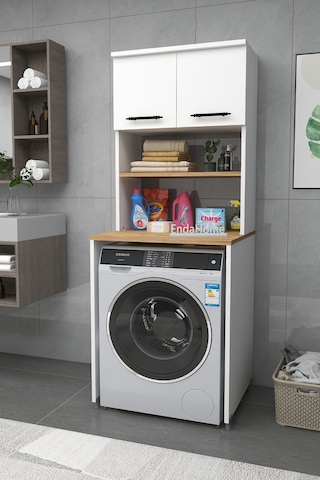 Dragon Çamaşır Makinesi Dolabı Kurutma Makinesi 3 Raflı 2 Kapaklı Banyo Dolabı - Beyaz Çam Beyaz - Çam