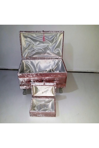 Çeyiz Sandık Kapitone Model 2 Lü Set Pembe Kadife Kumaş İçi Kırmızı Tela Kutu Sevk El Yapım