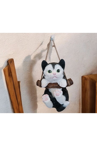 1 Adet Dekoratif Sallanan Duvar Ve Bahçe Süsü Kedi Siyah-beyaz