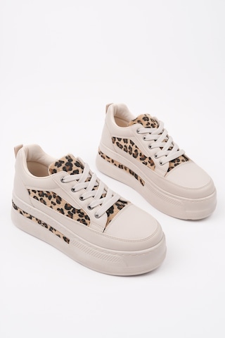 Muggo Zarina Kadın Kalın Taban Leopar Desenli Bağcıklı Günlük Sneaker Spor Ayakkabı Ten