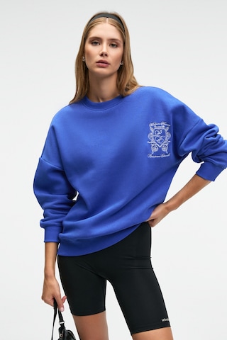 Grımelange AUDRA Kadın Oversize Yuvarlak Yaka Nakış Detaylı Mavi Sweatshirt