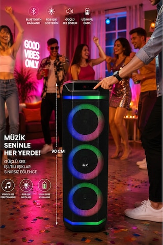 Exenar - Siyah - Blic Bls58 Büyük Boy Bluetooth Hoparlör 40w 3x8" Rgb Led Kablosuz Mikrofonlu Karaoke Hoparlörü