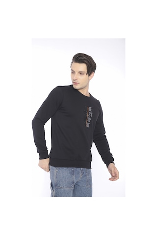 Escetic Erkek Spor Slimfit, Bisiklet Yaka Siyah Sweatshirt-4271 Siyah